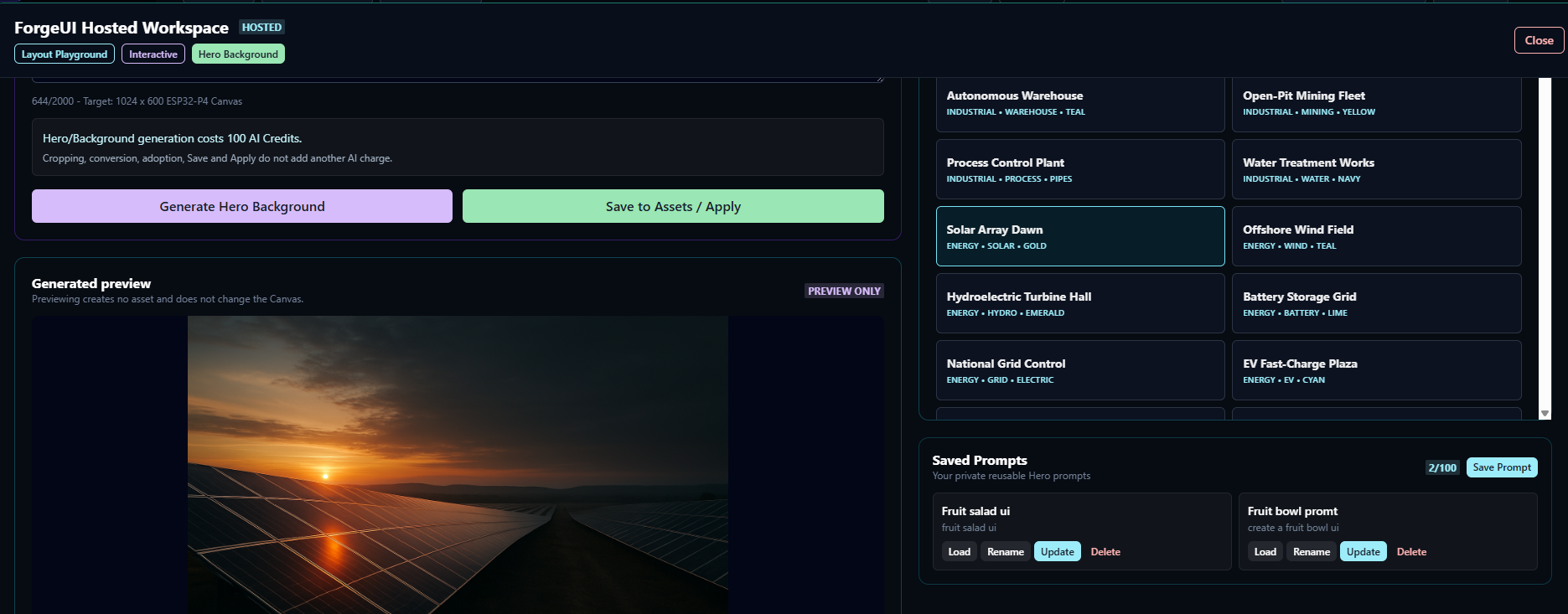 ForgeUI Hero and Background workspace showing generated preview, curated presets and saved prompts